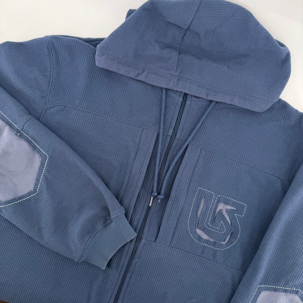 Burton Full Zip Hoodie Mens XL Blue Waffle Knit Elbow Patches Logo Snowboard
